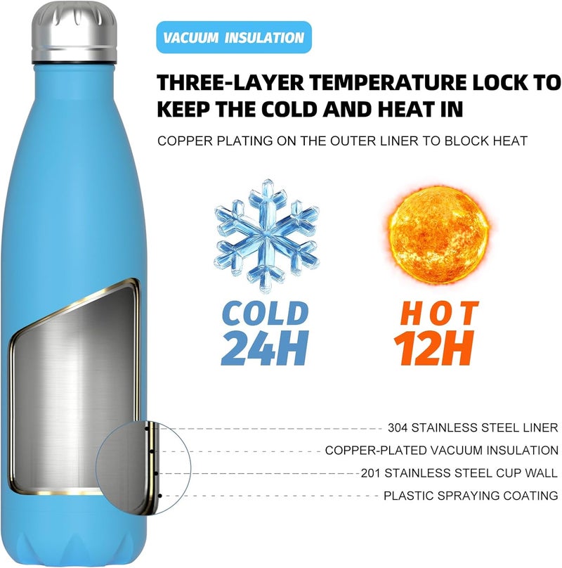 WATERSY Stainless Steel water bottles,17oz/500ml Insulated Water Bottles,Blue metal water bottle Keeps Drink Cold and Hot,BPA Free kids water bottles for School,Gym,Travel,Sports - Image 2